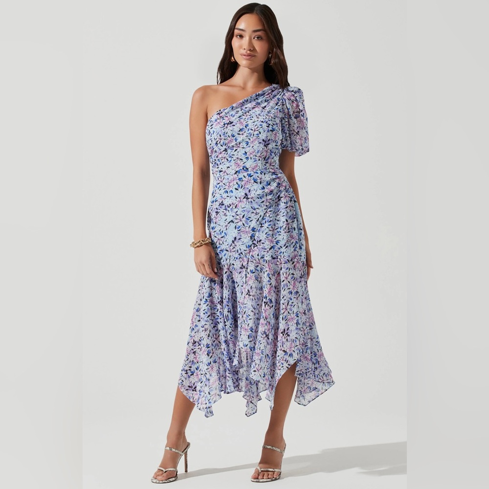 ASTR the label dress- wedding guest dress, one shoulder, midi